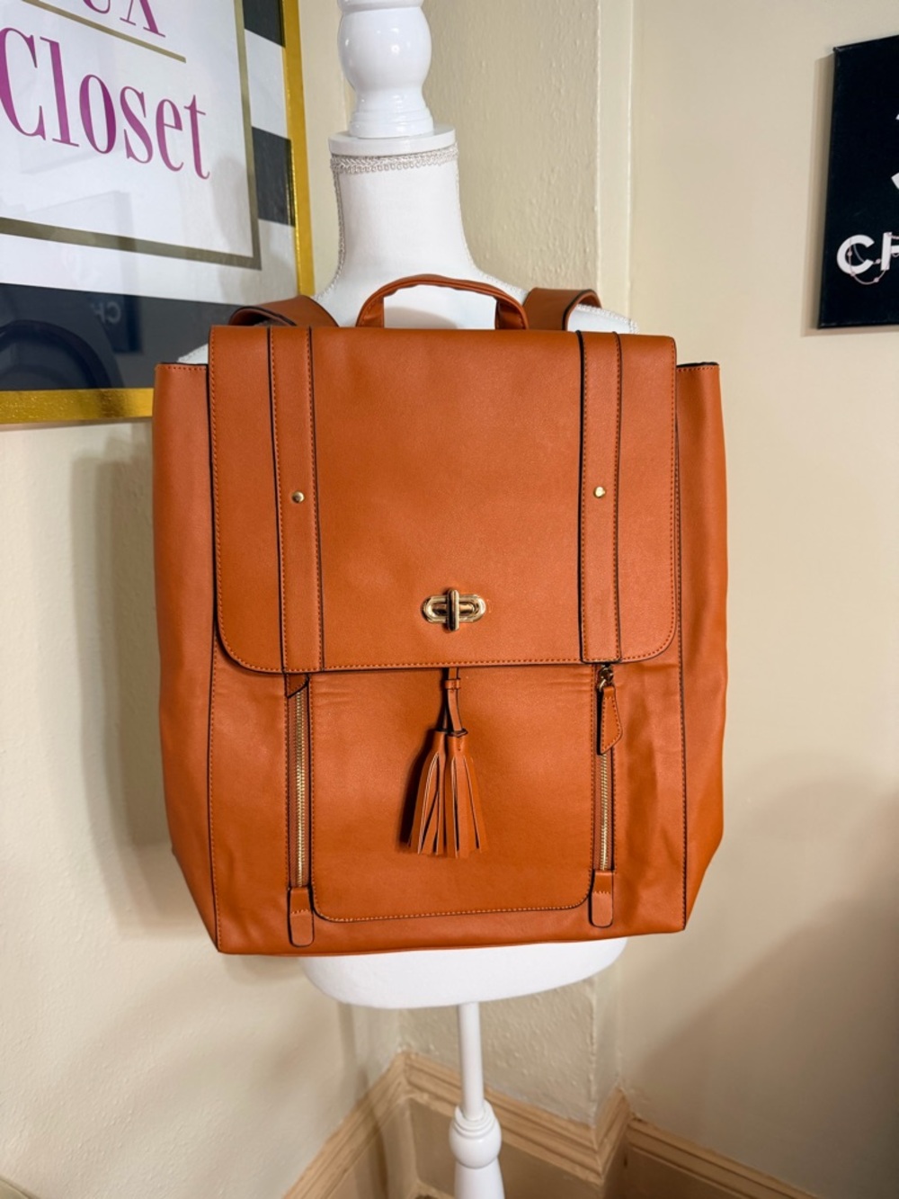 Stylish Tassel Flap Backpack in Cognac